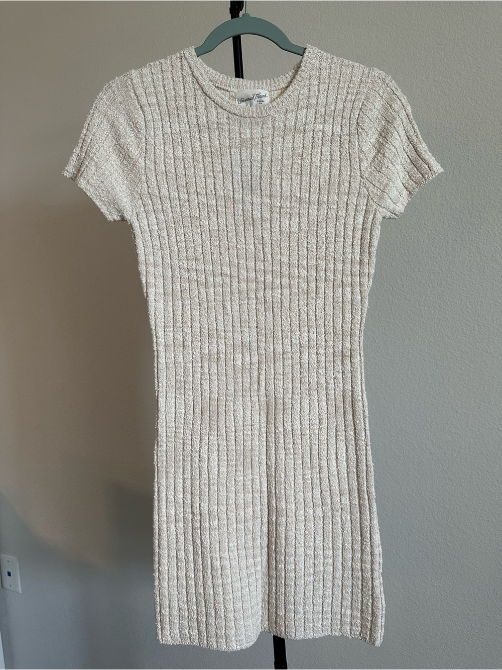 Universal Thread Cream Ribbed Short-Sleeve Knit Mini Dress